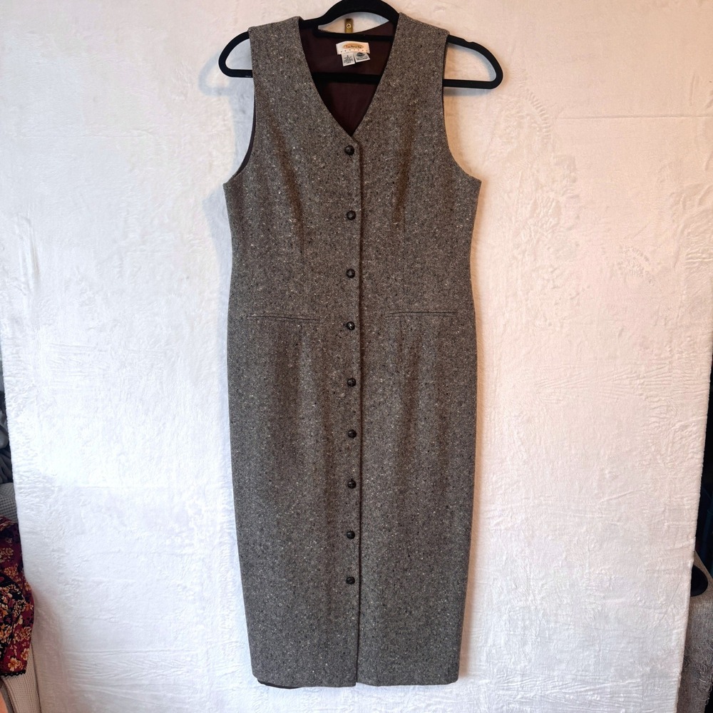 Talbots Petites Vintage 100% Wool Tweed Button Front Sheath Dress Brown 4P USA
